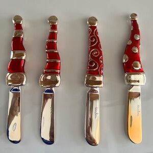 4 Appetizer Canape Cheese enamel knives NEVER USED Neiman Marcus FESTIVE RED